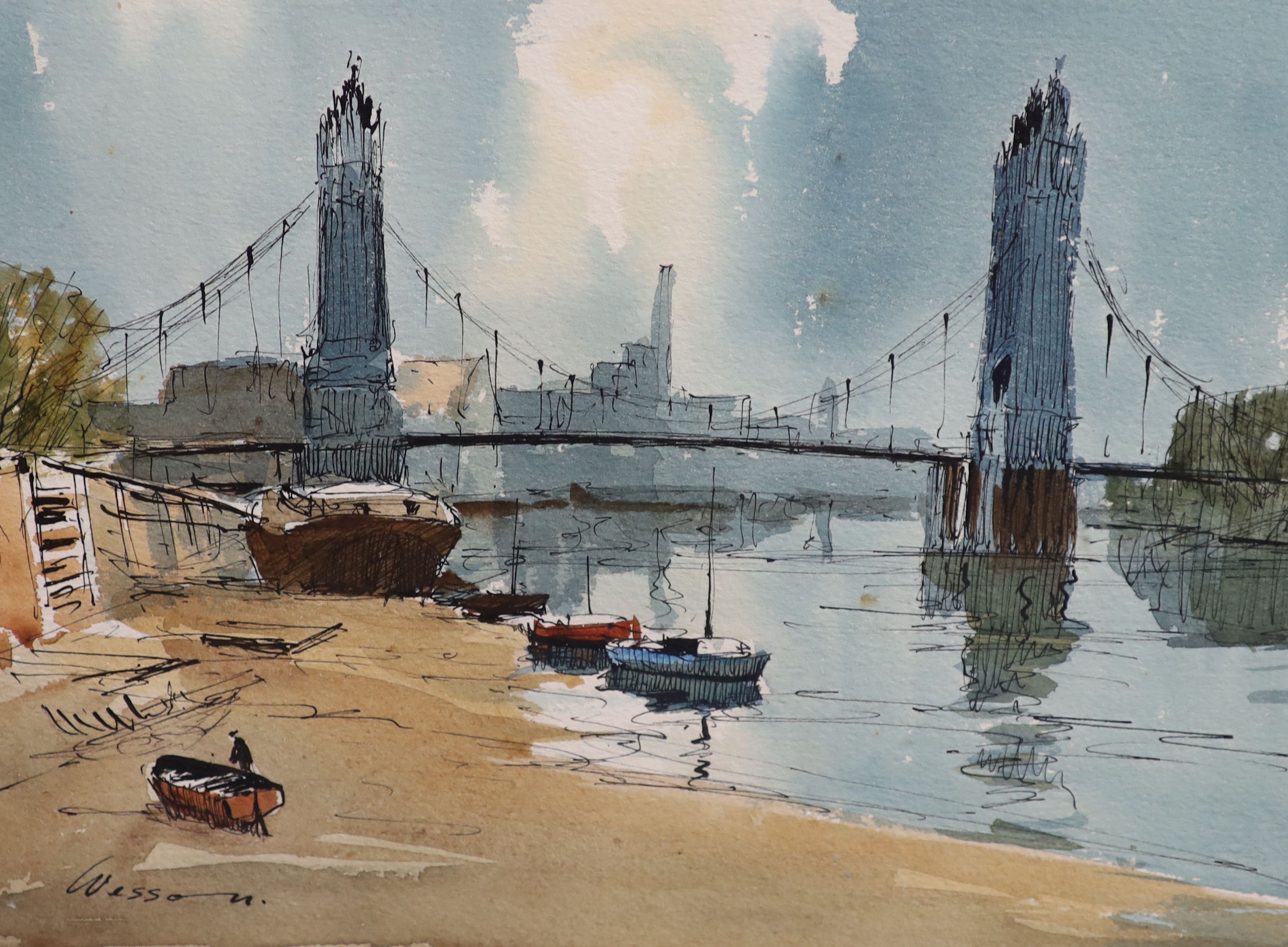 Edward Wesson (1910-1983), Low water, Hammersmith & Low tide, Wapping, Ink and watercolour, a pair, 25 x 33 cm.